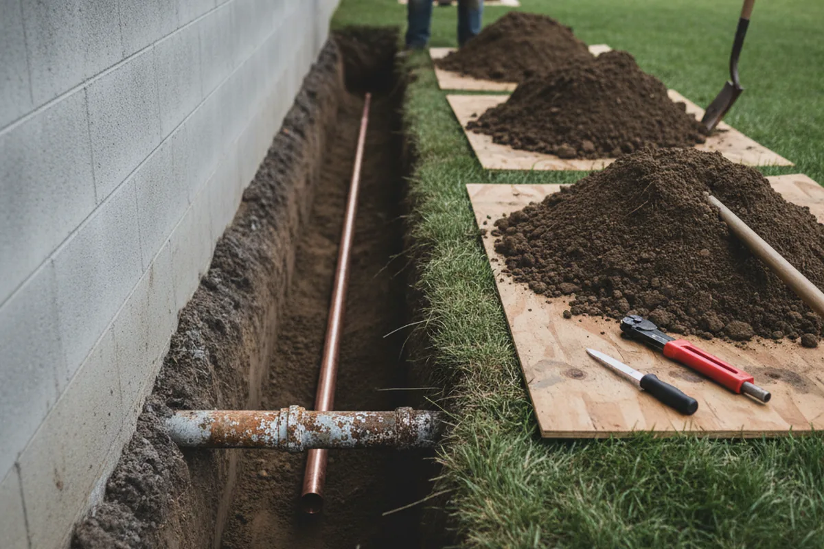 Excavated water line trench during Water Heater Repair in Lexington